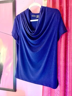 Tahari Midnight Blue Cowl Neck Blouse Feminine Whimsigoth Relaxed Women’s Large